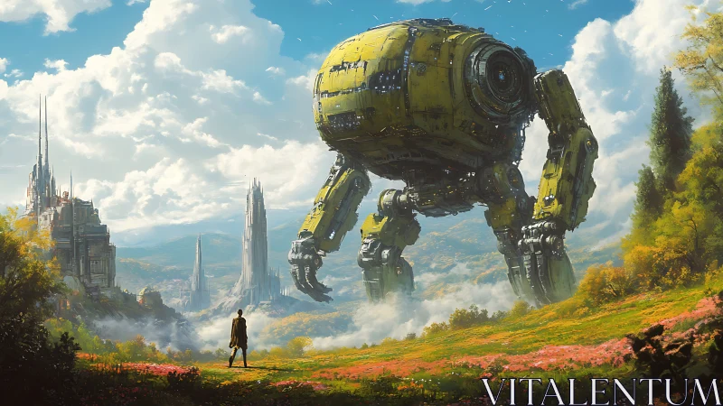 Colossal yellow wanderer pauses to greet its tiny maker