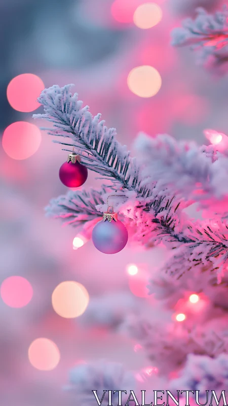 Frosted Christmas tree branch with pink glass ornaments.