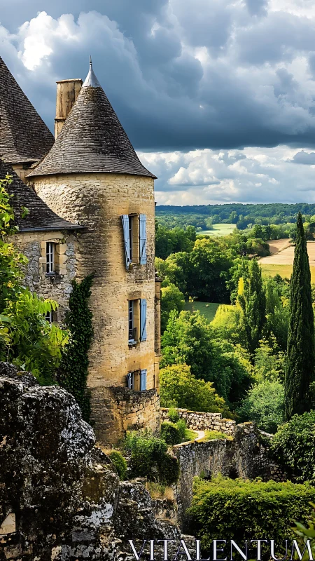 Medieval stone tower overlooks verdant countryside under storm