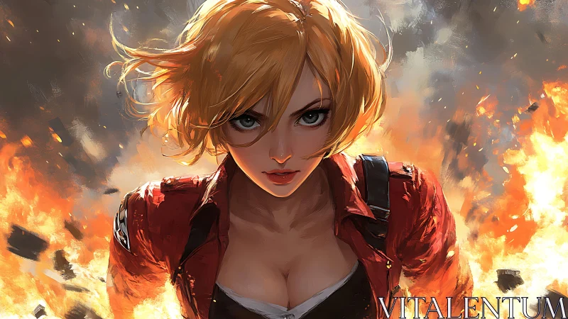 Blonde woman advances forward amid surrounding explosive fire