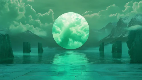 Circular portal reveals illuminated clouds over surreal fjord