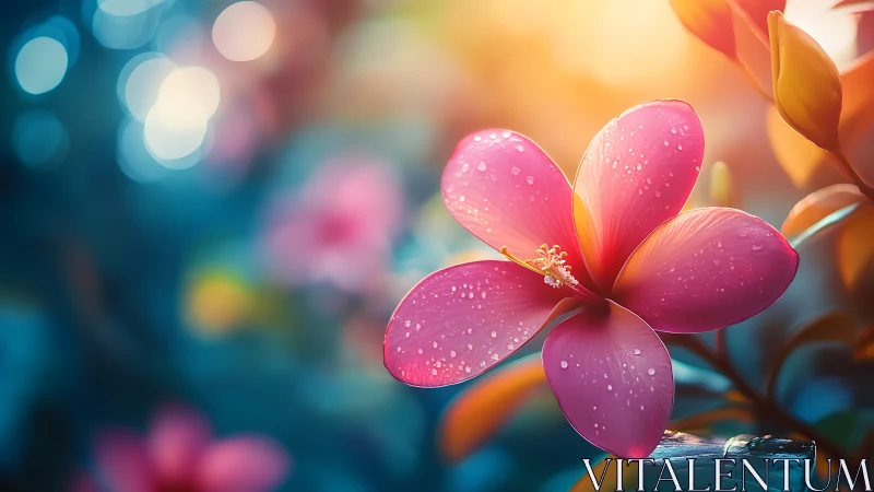 Vibrant Pink Flower with Dew Drops in Warm Light.