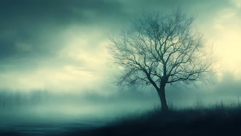 Mist wrapped tree at dawn holding quiet winter light.