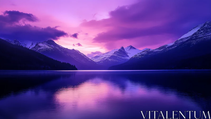 High-saturation alpine lake sunset with mirrored violet gradients