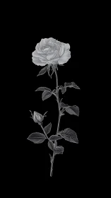 Monochrome engraved rose stem with botanical linear detailing.