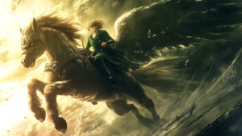 Winged horse with armored rider moves through turbulent sky