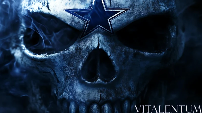 Glowing blue skull emblem merges deathly grit with dark smoke