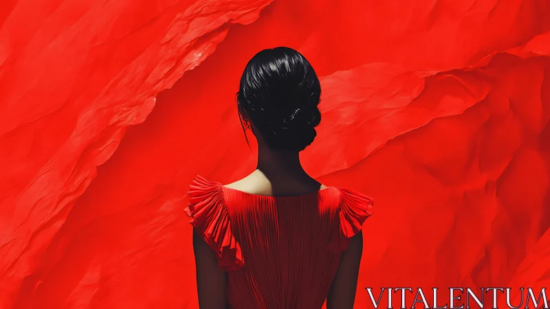 Crimson silk backdrop embraces a poised woman in red dress