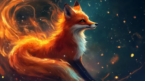 Fiery fox spirit ignites starlit cosmic night sky.