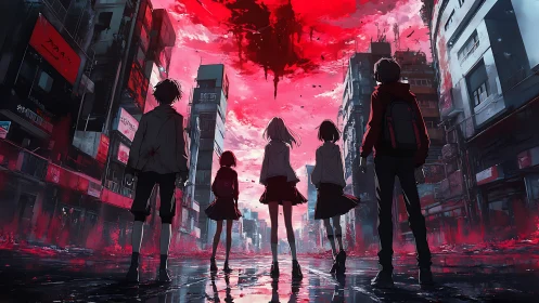 Group of youths in ruined city under red fractured sky.