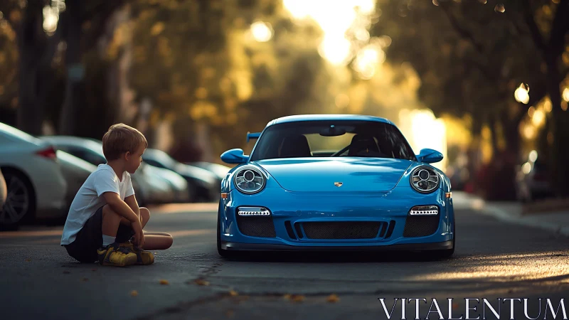 Young Boy Admires Blue Porsche on Tree-Lined Street.