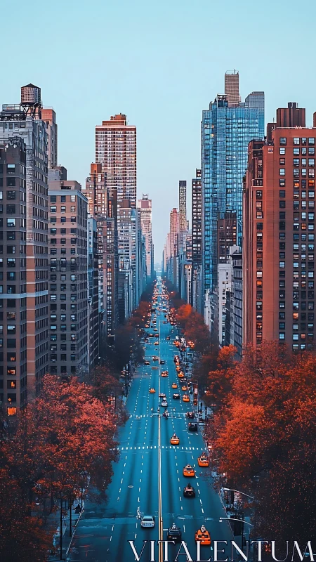 Autumn urban avenue with taxis under tall city towers.