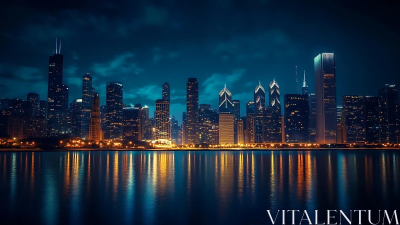 Night city skyline reflects across calm urban waterfront