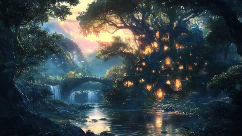 Enchanted riverside tree village in luminous fantasy digital painting.