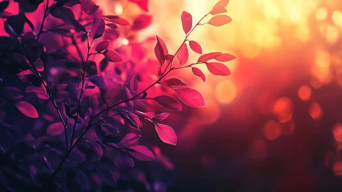 Digital painting of luminous foliage in bokeh sunset field.