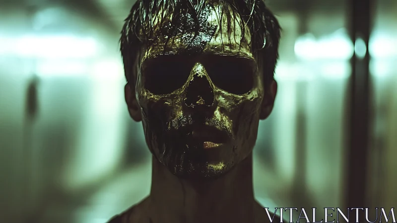 Man in skull-like mask under harsh corridor lighting.
