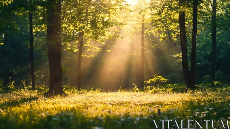 Sunbeams Filtering Through Lush Green Forest at Sunrise.