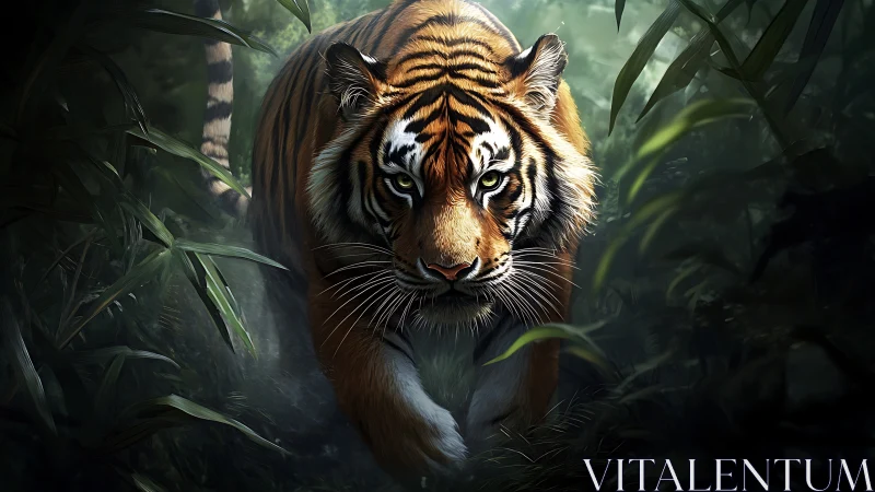 Silent jungle tiger walks forward with powerful calm focus