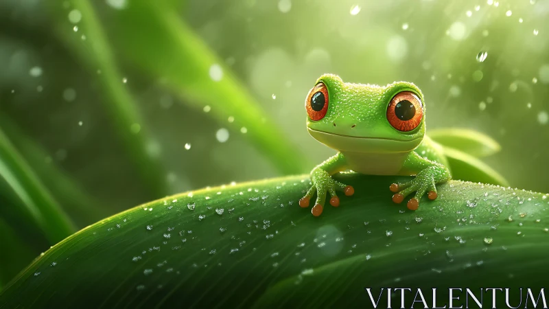 Vibrant tree frog on dewy leaf under soft rainforest light.