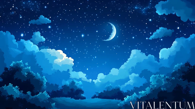 Moonlit night sky drifts over soft clouds and glowing forest.