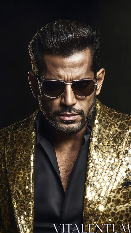 Gold jacket swagger under moody spotlight glow.