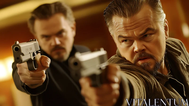 Two armed men extend pistols toward camera in shallow focus