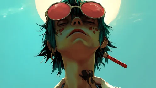 Cel-shaded rebel portrait under harsh turquoise sky.