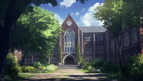 Sunlit brick college courtyard framed by gentle green trees.