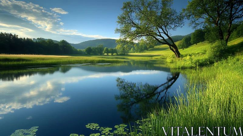 Peaceful riverside meadow wrapped in soft morning light.