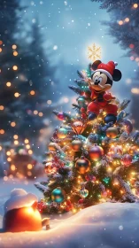 Cartoon character on snowy Christmas tree at dusk.