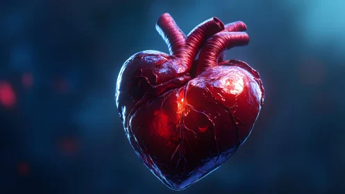 Realistic Human Heart Illustration with Vivid Lighting Effects.