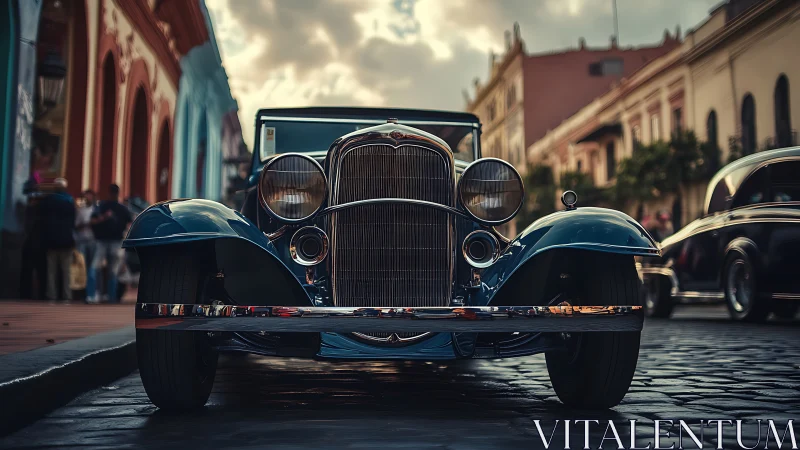 Vintage blue car on cobblestone street in urban setting.