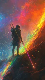 Solitary armored figure observes luminous rainbow rift