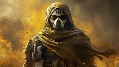 Masked desert warrior strides through roaring firestorm