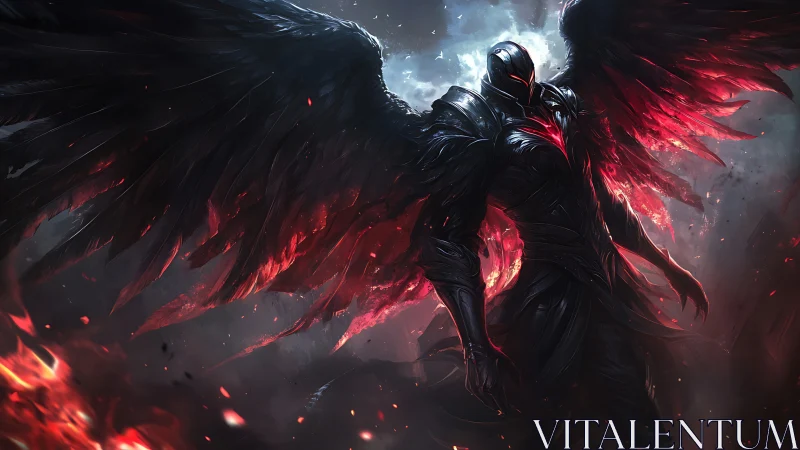 Armored dark angel framed by infernal backlit wings