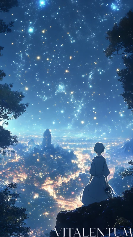 Solitary figure overlooking luminous fantasy cityscape night.