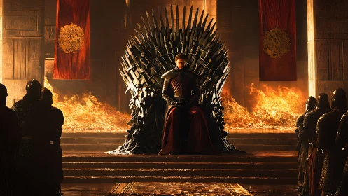 Armored ruler on iron throne amid firelit hall scene.