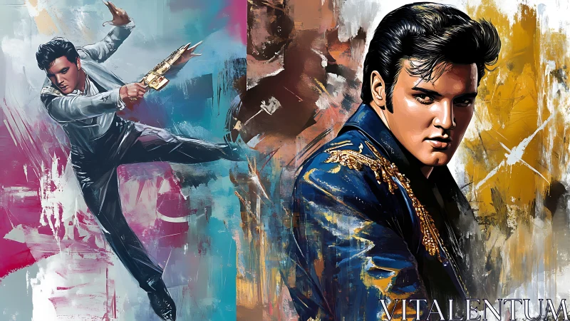 Dynamic rock icon portraits burst across abstract color fields