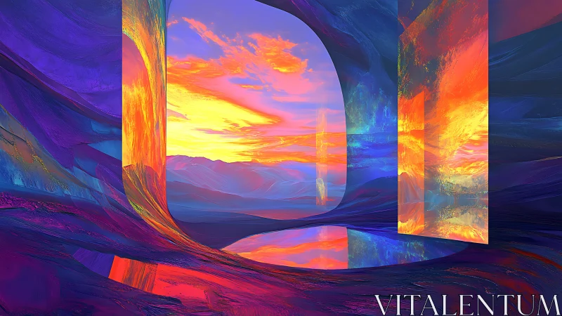 Vivid portal opening onto abstract mountain sunset scene.