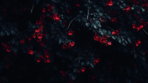 Low key botanical canopy with crimson spectral accents.