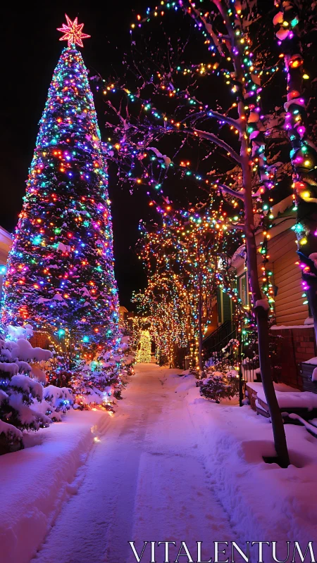 Snowy residential pathway lined with dense holiday lights.
