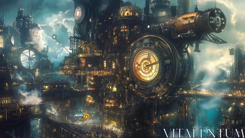 Steampunk clockwork megacity glows within layered vertical fog