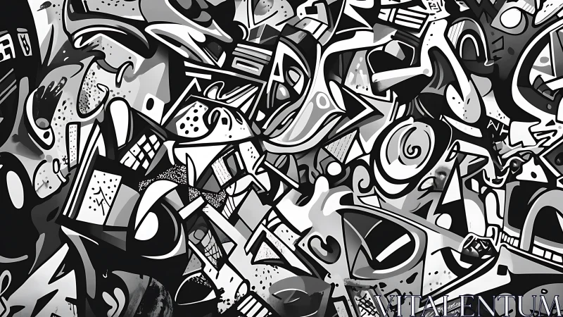 Monochrome geometric graffiti collage with dynamic abstract forms