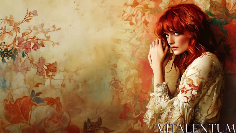 Flame haired muse leaning into a whispering floral wall.
