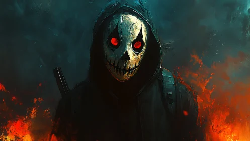 Hooded skeletal figure with red-lens mask amid rising flames