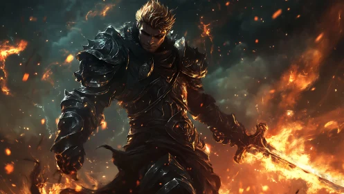 Armored warrior grips flaming sword amid swirling fire