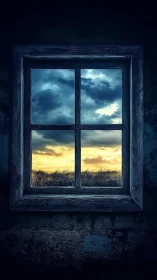 Weathered wooden window frames field and dramatic sky view
