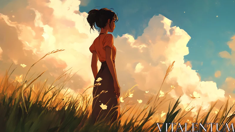 Young woman wandering through sunset fields of quiet wonder.
