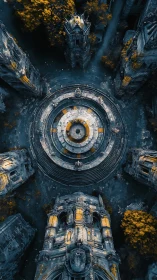 Ruined circular cathedral plaza in cool teal and gold tones.