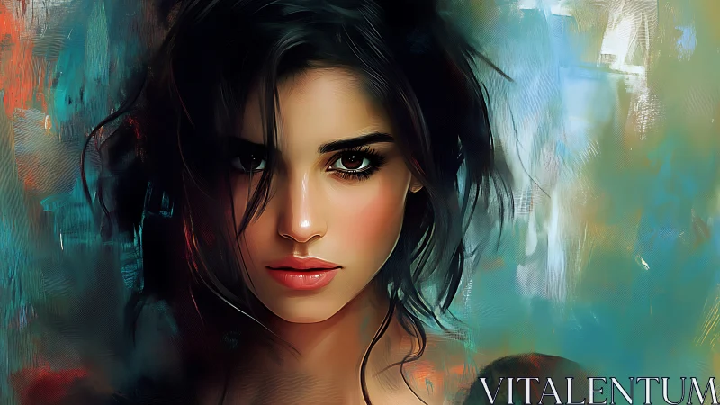 Intense female portrait against teal and ember abstract field.